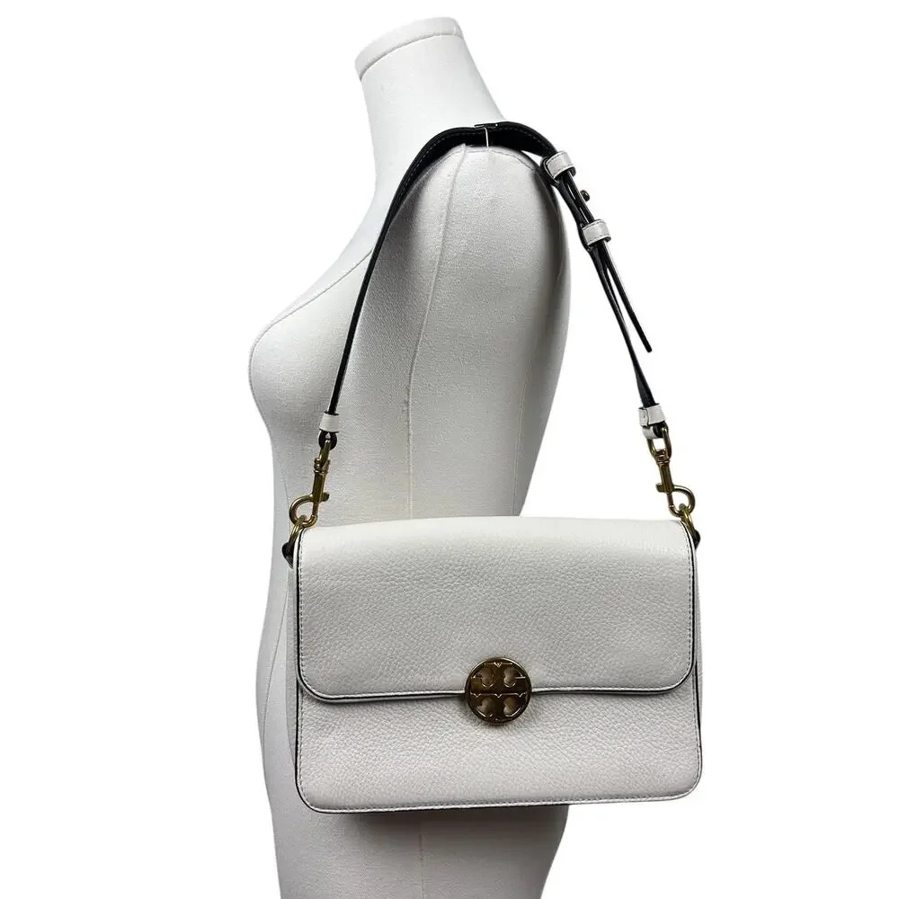 Tory Burch White Pebbled Leather Top Handle Convertible Shoulder Bag
